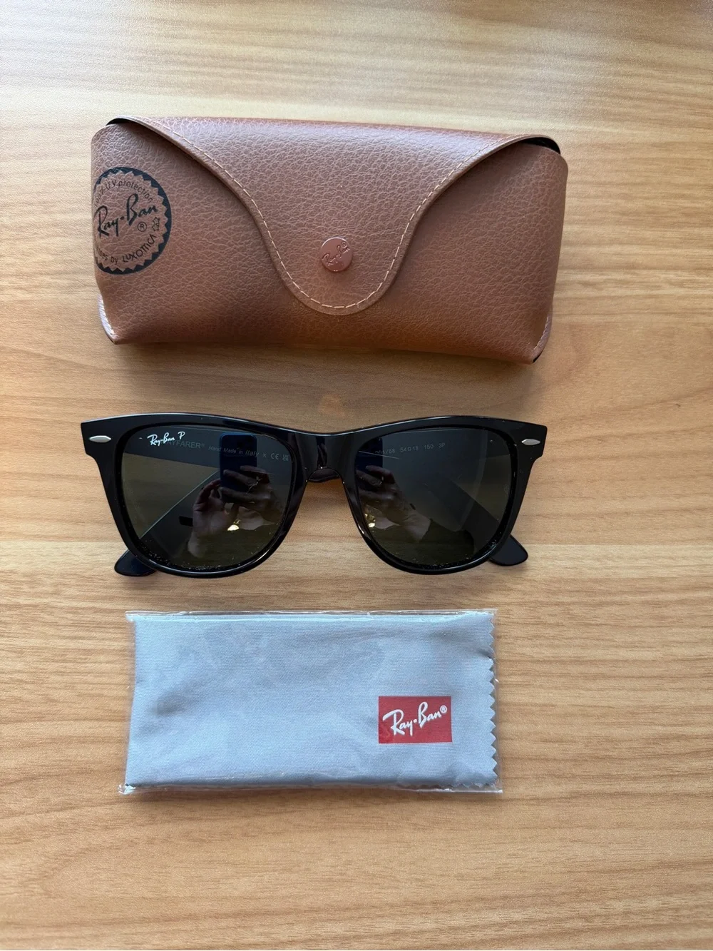 Ray-Ban Black Frame Green Lens Sunglasses with Brown Case